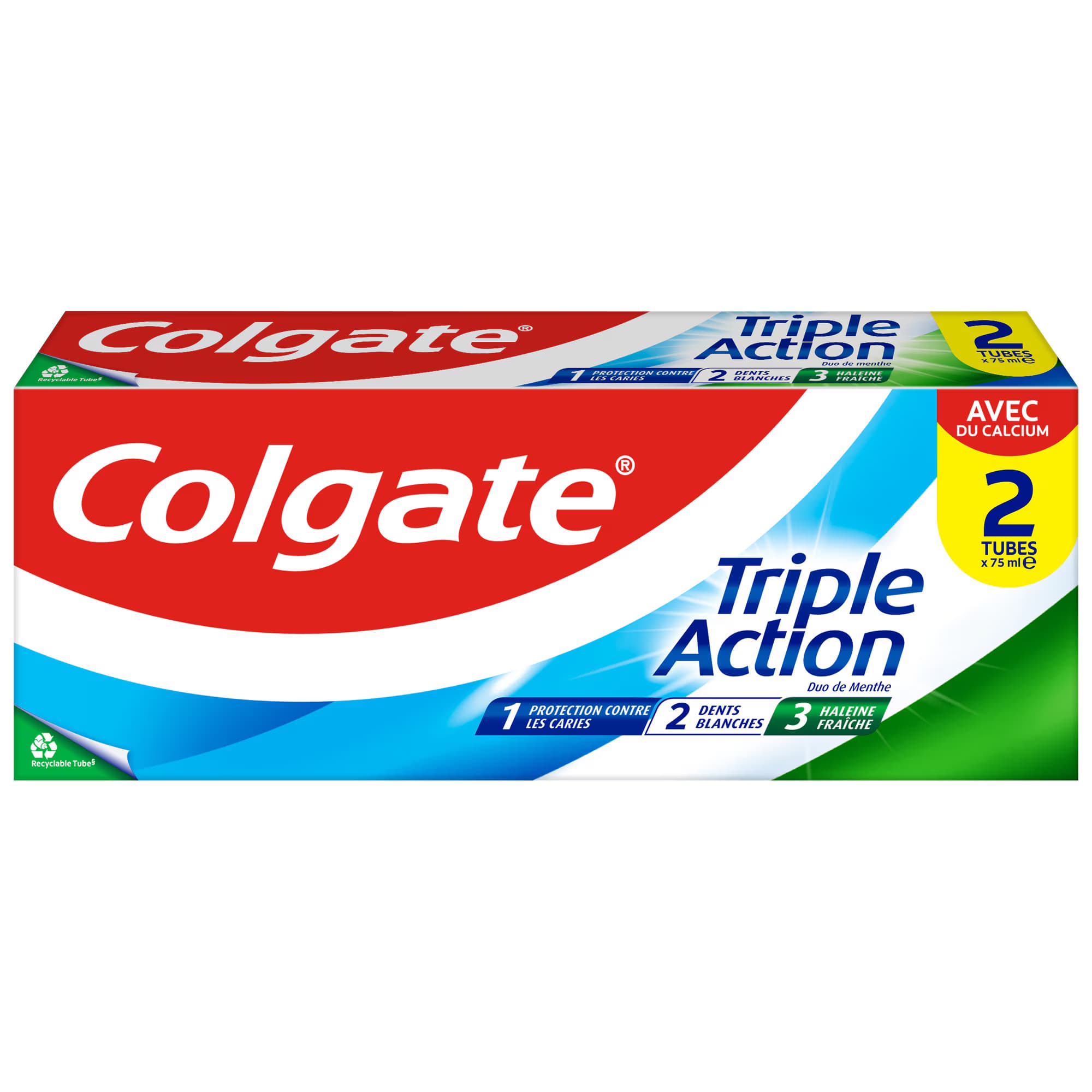 Colgate Triple Action, visuel relevé sur la page fabricant