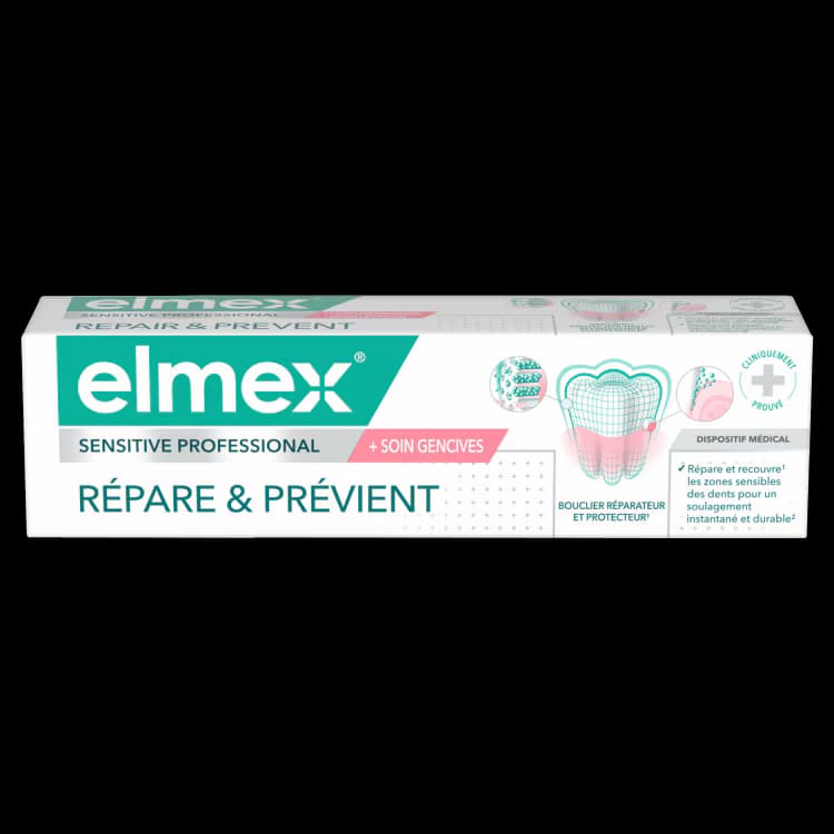 elmex Sensitive Professional Répare et Prévient, visuel relevé sur la page fabricant