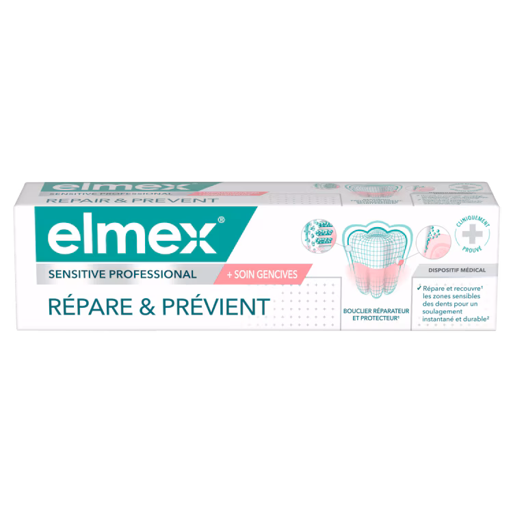 elmex Sensitive Professional Répare et Prévient, visuel relevé sur la page fabricant